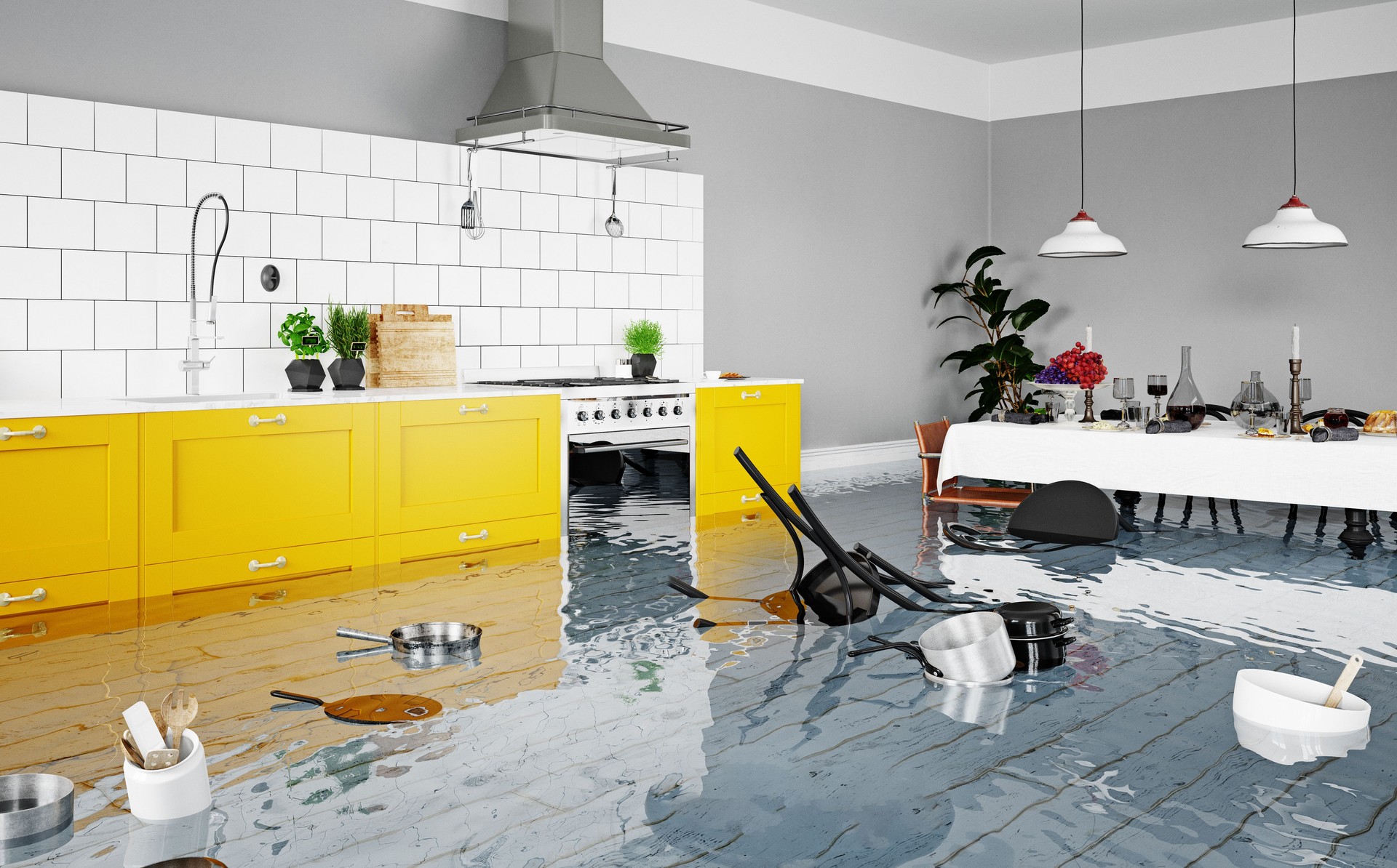 Chaos in a flooded modern kitchen after a home disaster. Water damage and insurance claim concept. 3D rendering.
